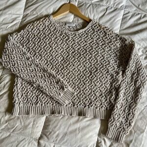 Crochet Crop Boho Fisherman Sweater Women M Neutral Coastal Coconut Resort EUC